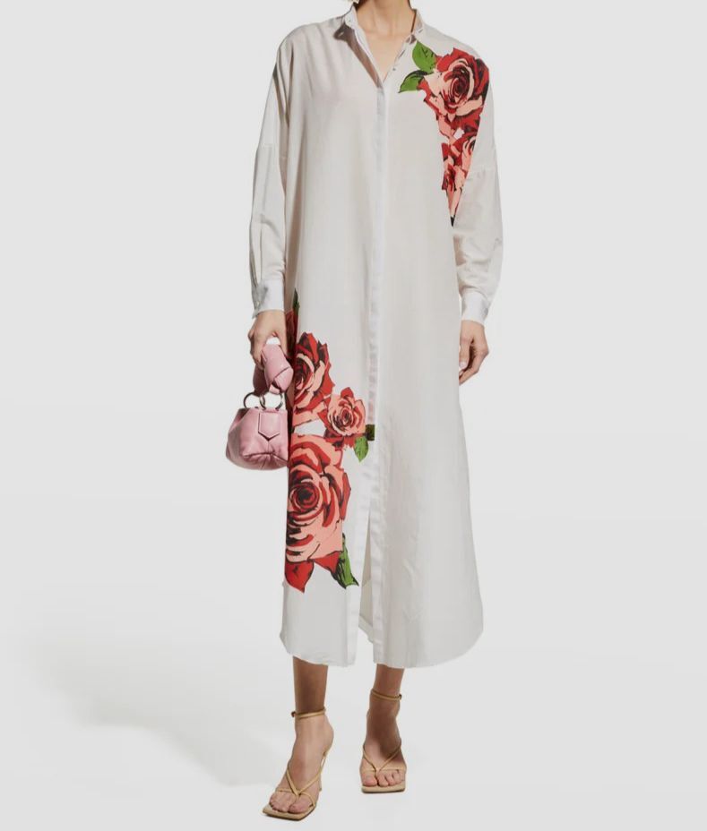 $1390 Adam Lippes Women’s White Rose Print Cotton Voile Caftan Dress Size XS/S
