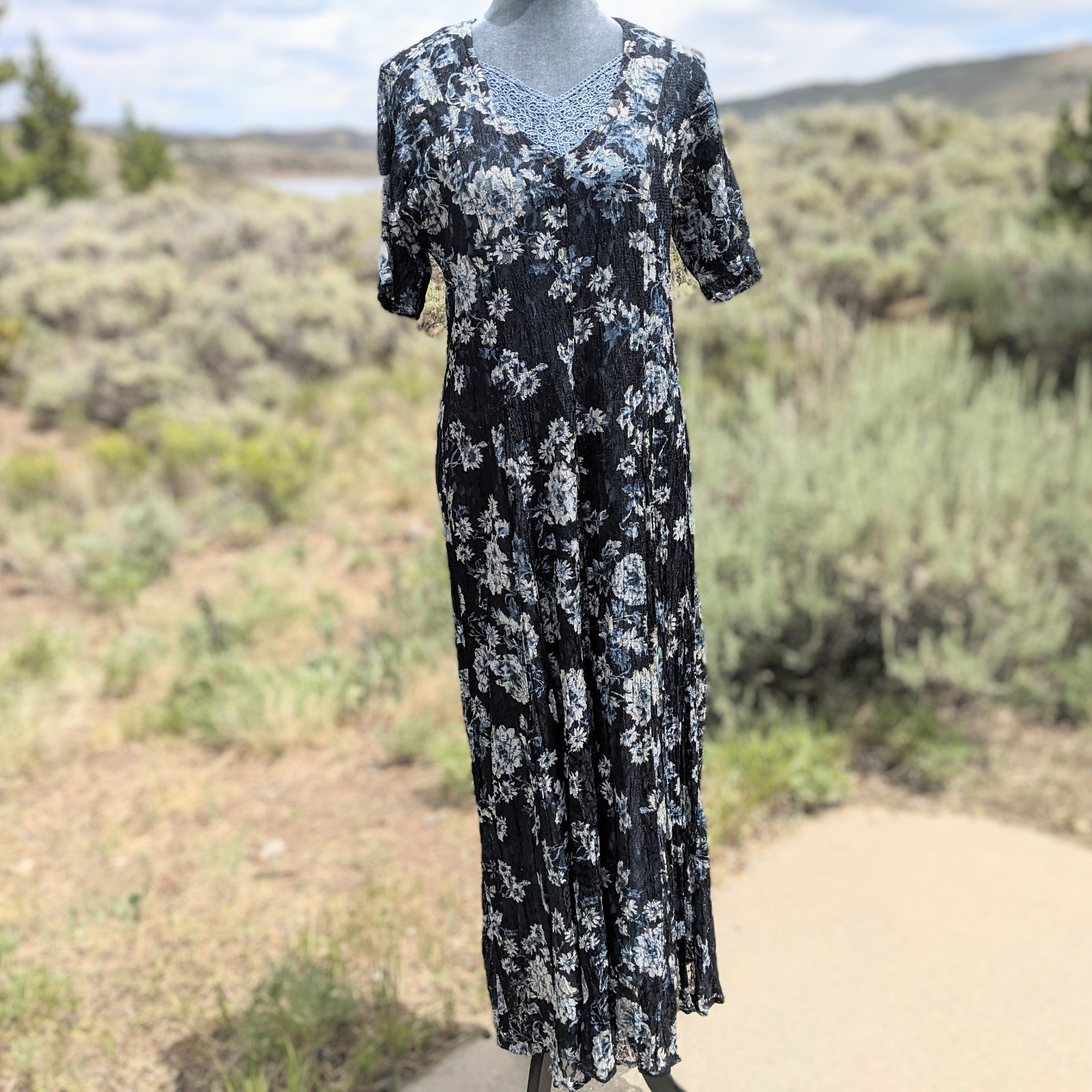 Vintage Starina Floral Lace Maxi Dress L Whimsigoth Dark Romantic Fairy Grunge