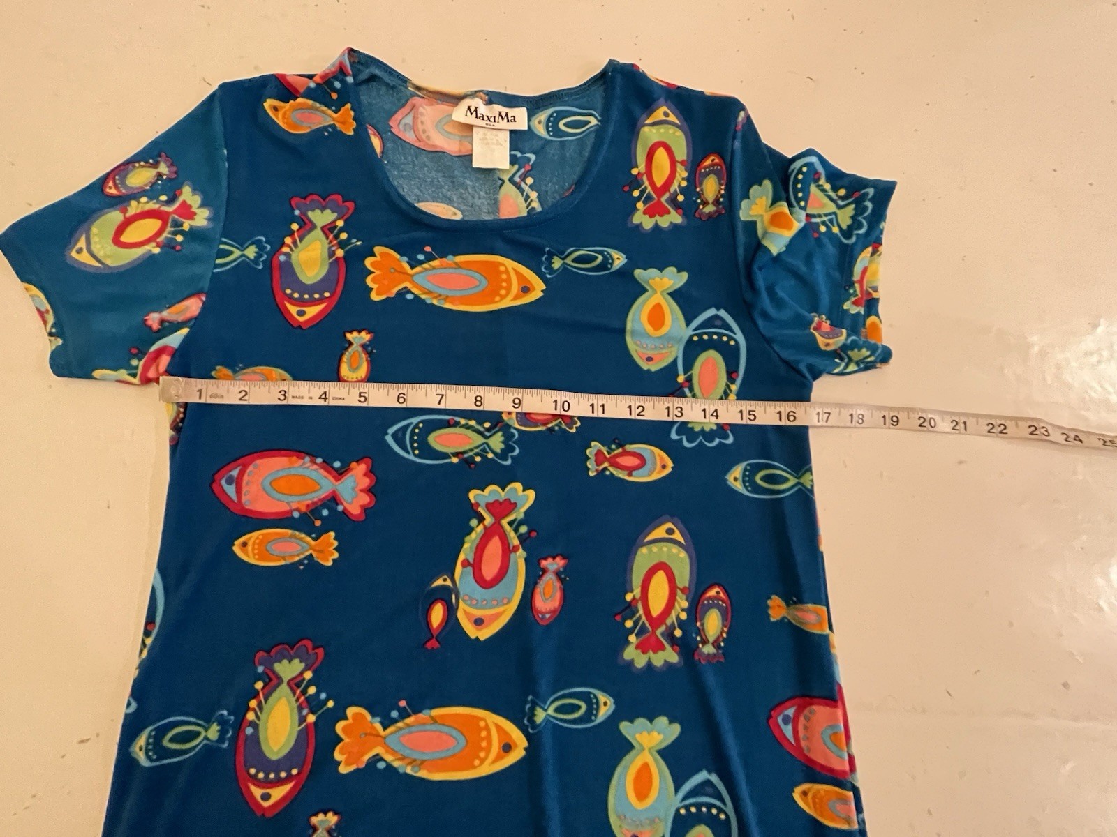 Vintage MaxiMa Blue Fish Print Maxi Dress Size S Colorful Artsy Stretch Knit