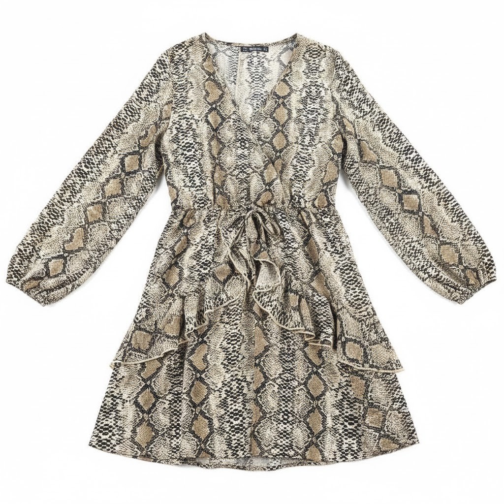 Snake Print Wrap Dress Ruffle Tiered Long Sleeve Midi Women’s M Buguest