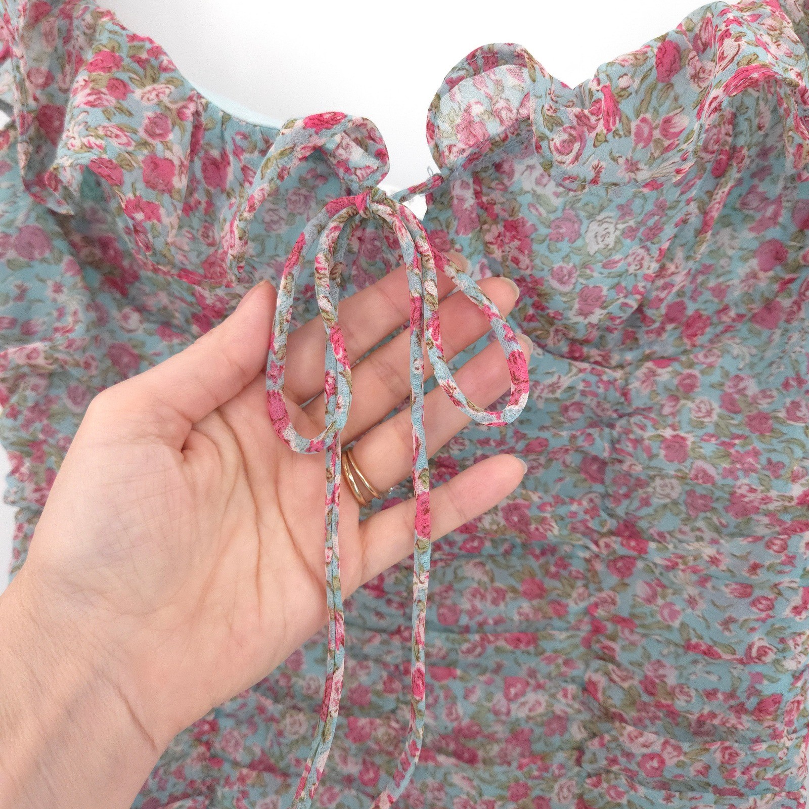ASTR The Label Mini Dress Womens Small Teal Pink Floral Ruched Ruffle