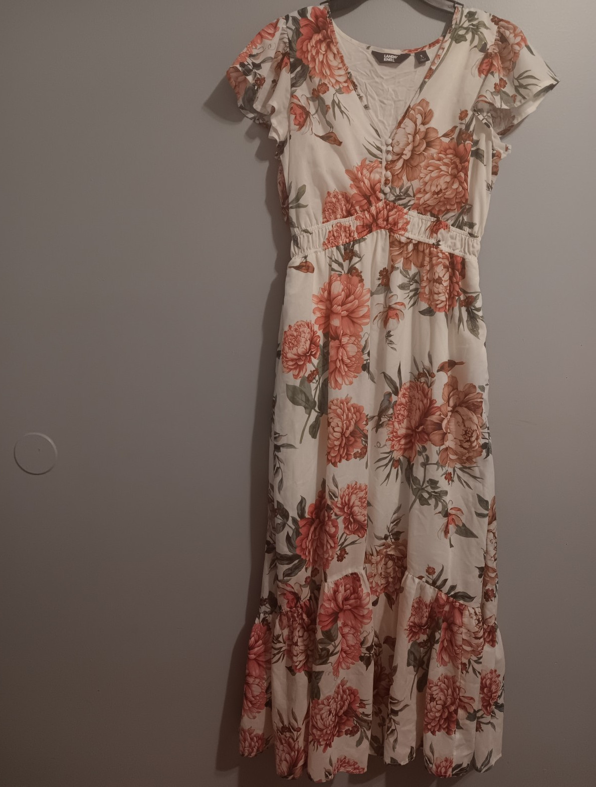 Lands’ End Women’s White Coral Green Floral V-Neck Flutter Midi Dress Size S