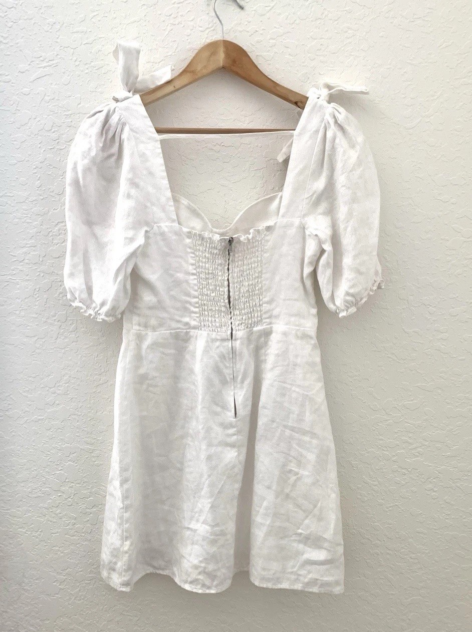 Reformation Spring Linen Mini Dress Bow Detail Puff Sleeves White Size 4