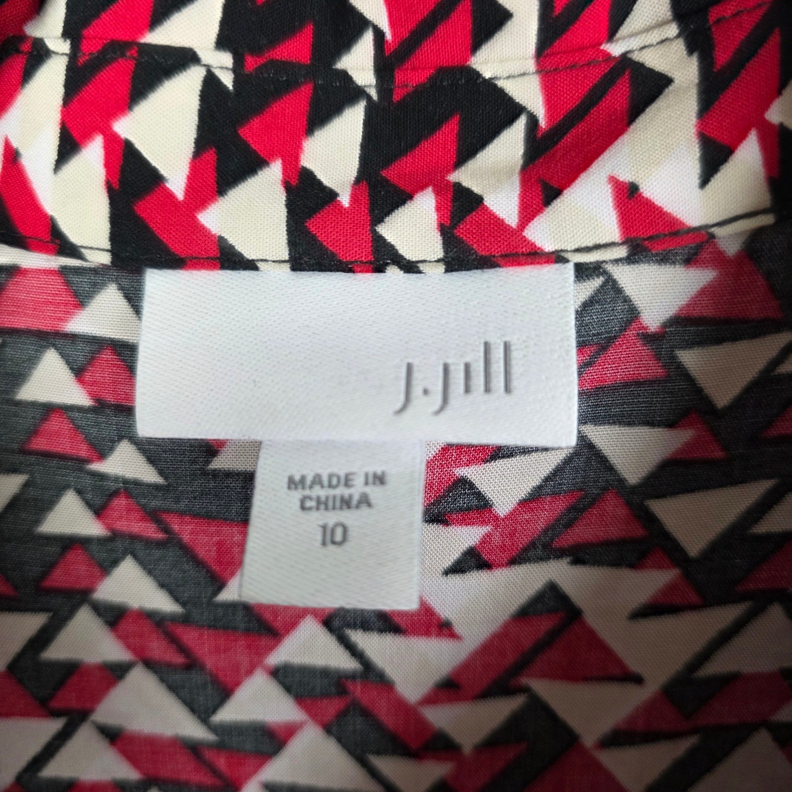 J. Jill Red Black Geometric Triangle Print Rayon Button Front Shirt Dress 10