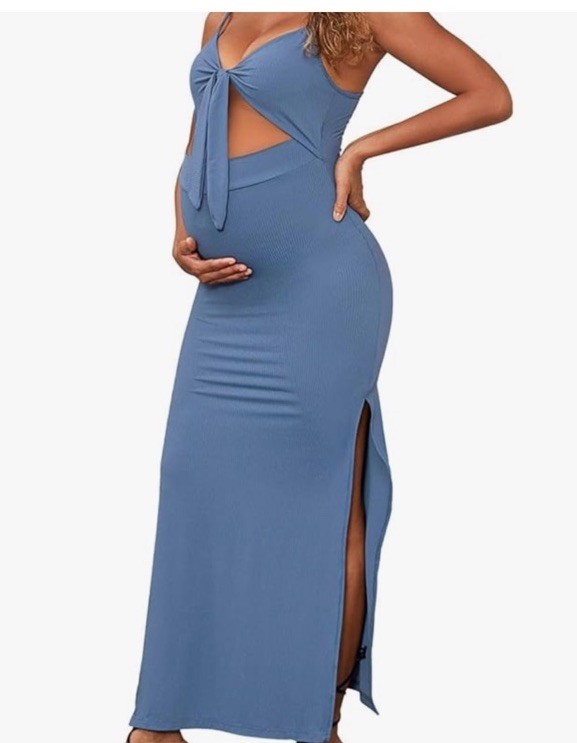 Maternity Blue Maxi Dress with Front Tie and Side Slit