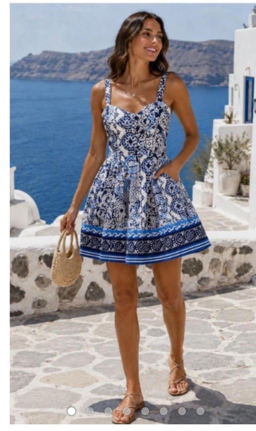 NWT Avec Les Filles Floral Blue White Mosaic Tile Print Mini Dress 14 Sundress