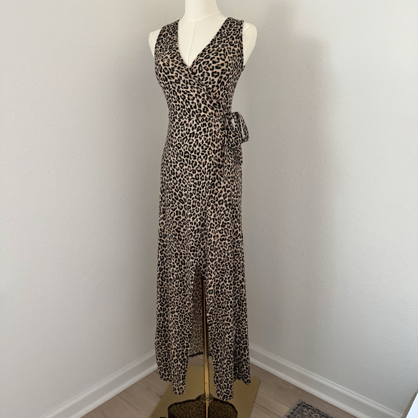 Leopard Print Faux Wrap Sleeveless Midi-Maxi Stretch Tie-Waist Dress Size M