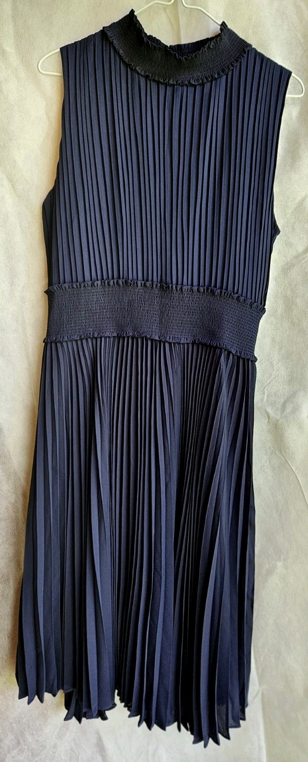 Nanette Lepore Navy Pleated Sleeveless High Neck Knee Length Dress Size 14