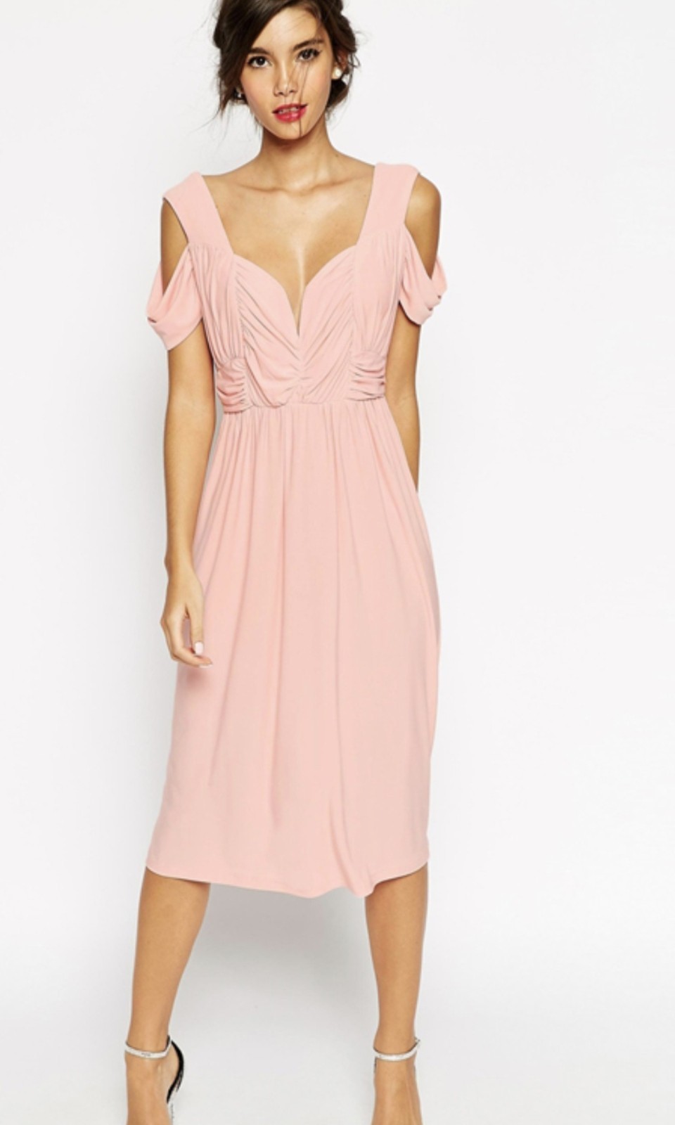 ASOS Pink Chiffon Cold Shoulder V-Neck Fit & Flare Midi Dress US 6