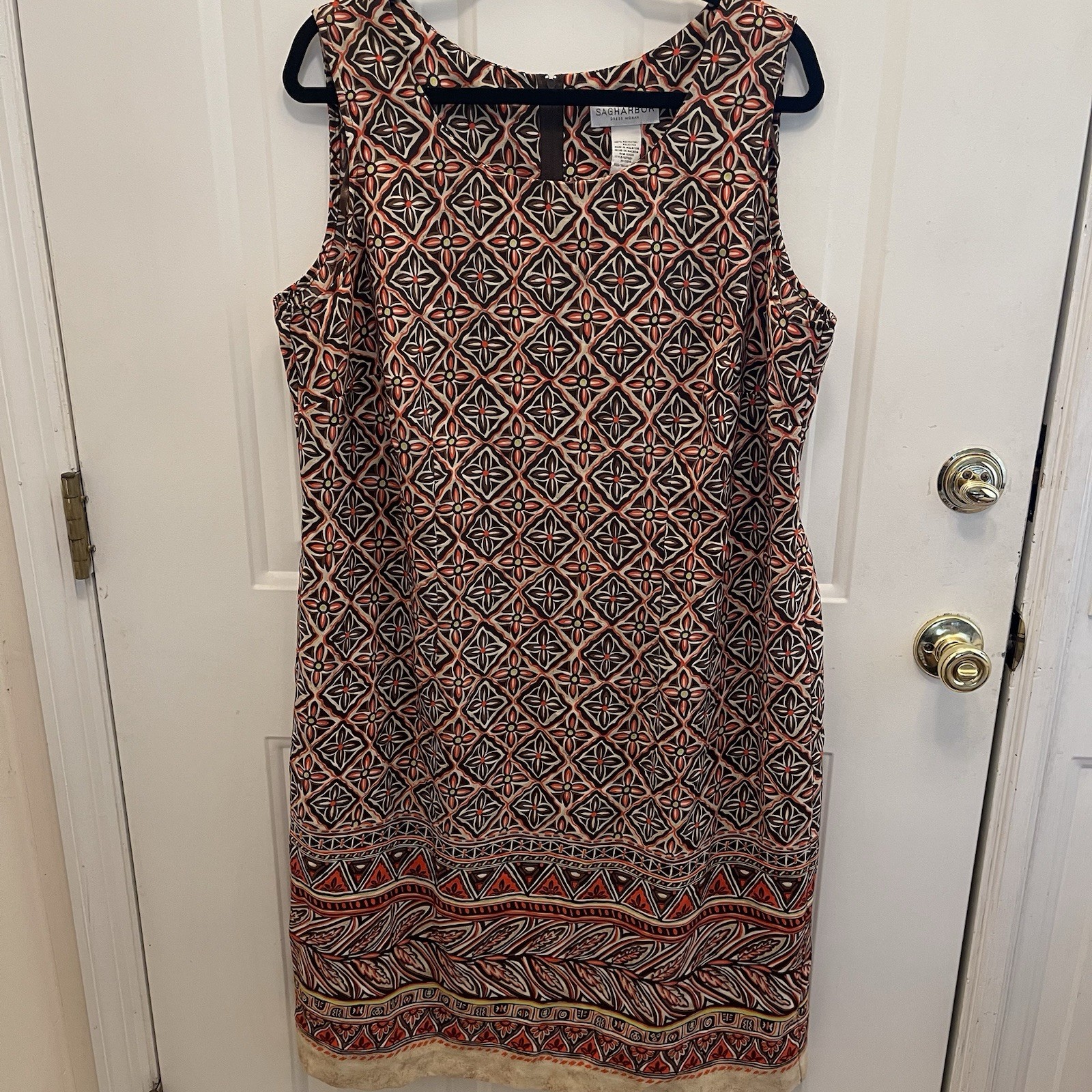 SAG HARBOR Brown Pink Geometric Sleeveless Zip Back Dress Womens 18W