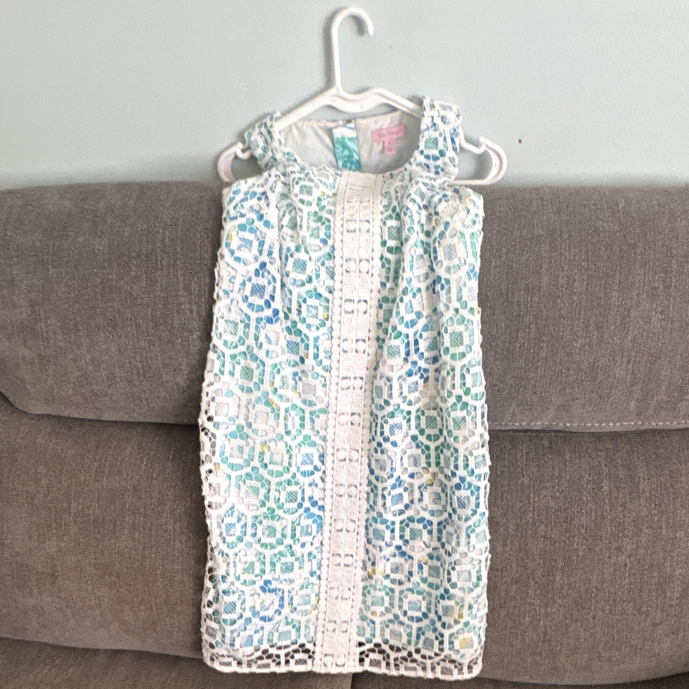 Lilly Pulitzer Tank Dress 0 White Blue Green Geometric Lace Lined Zip Short