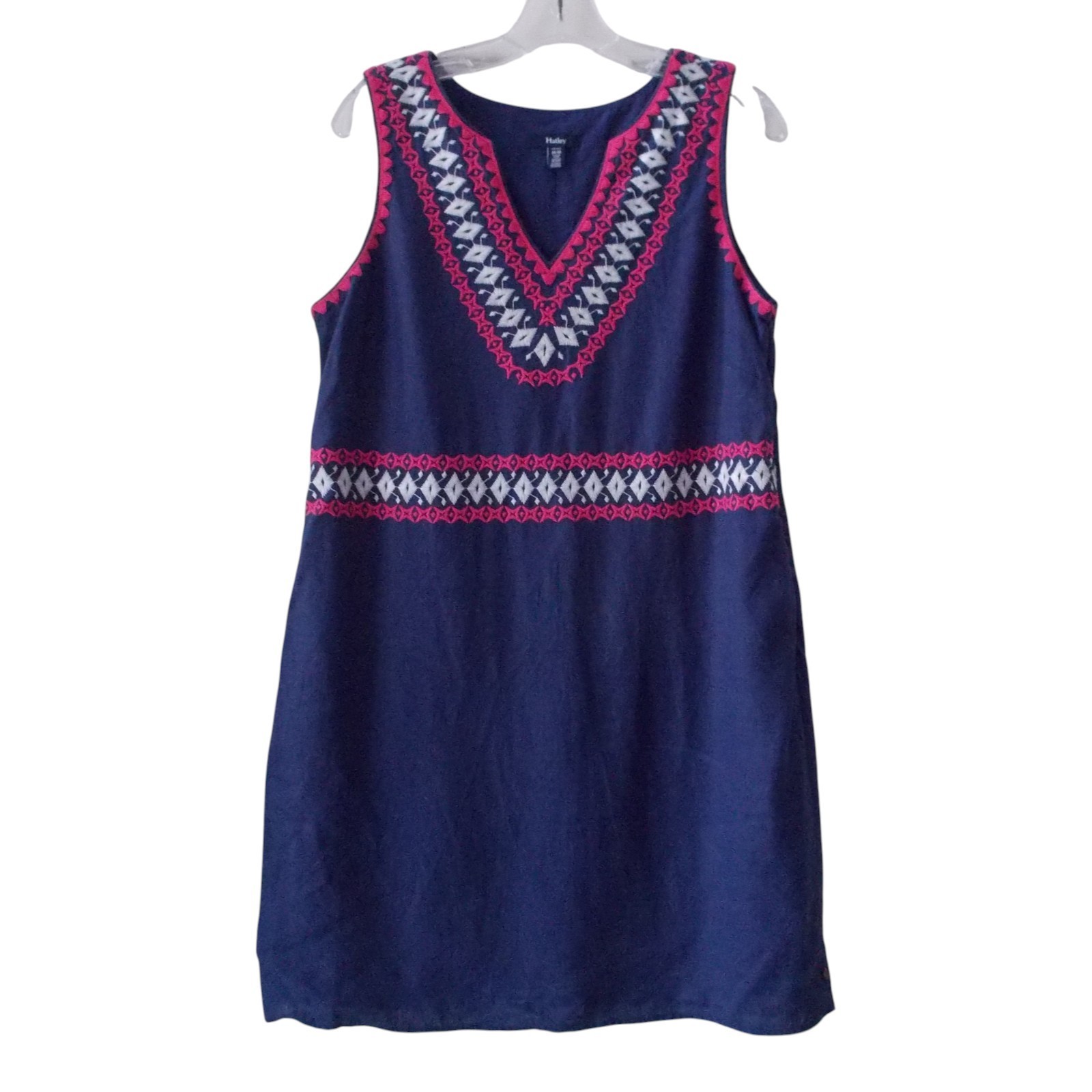 HATLEY 100% Linen Blue w/ Pink & White Embroidery Detail Sleeveless Dress Sz M