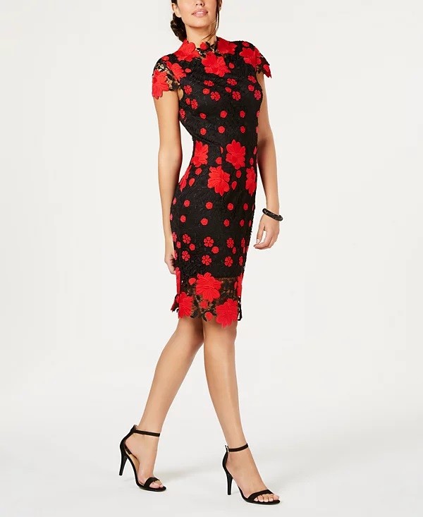 LAUNDRY by SHELLI SEGAL Lace Mock Neck Floral Sheath Cocktail Party Dress, 2