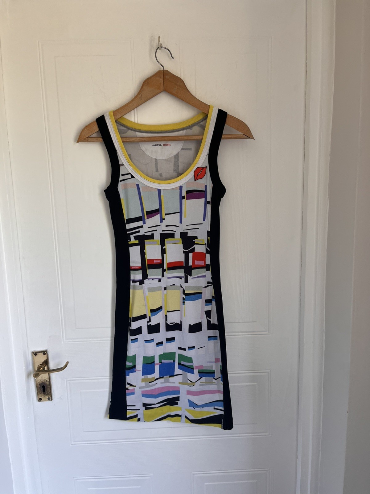 Marc Cain Sports Pop Art Geometric Ribbed Bodycon Dress N1 UK 8 Lip Patch Summer
