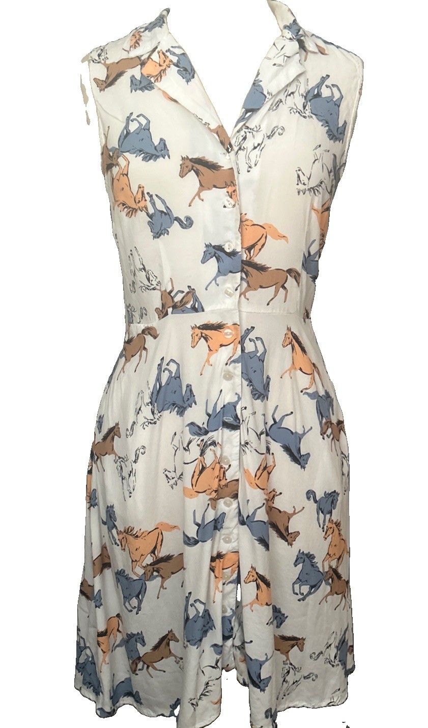 ModCloth Horse Print Dress Womens SZ Medium Fit & Flare Button Front Sleeveless