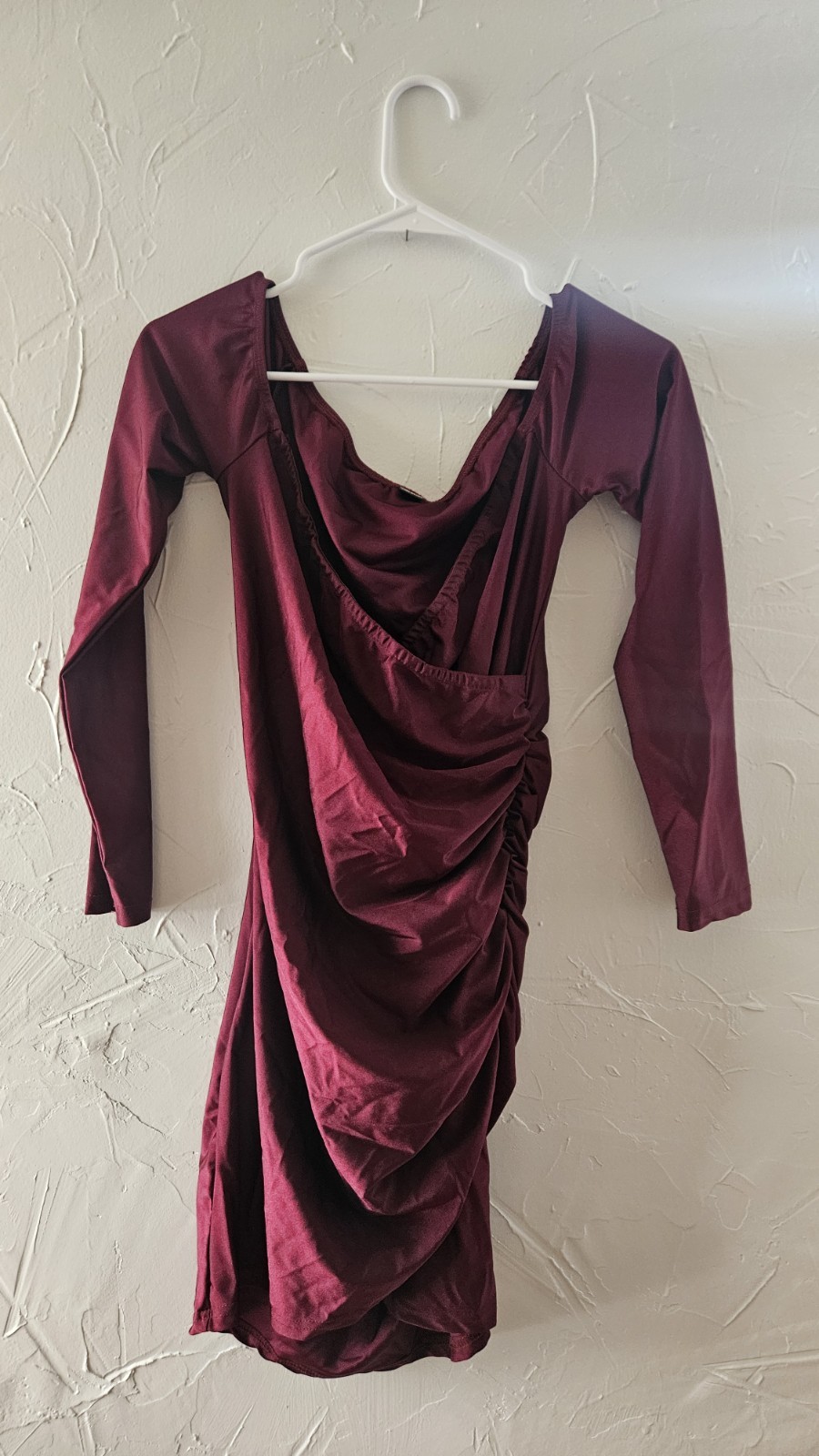 Lush Burgundy Ruched Cowl Neck Long Sleeve Bodycon Mini Dress Women’s S