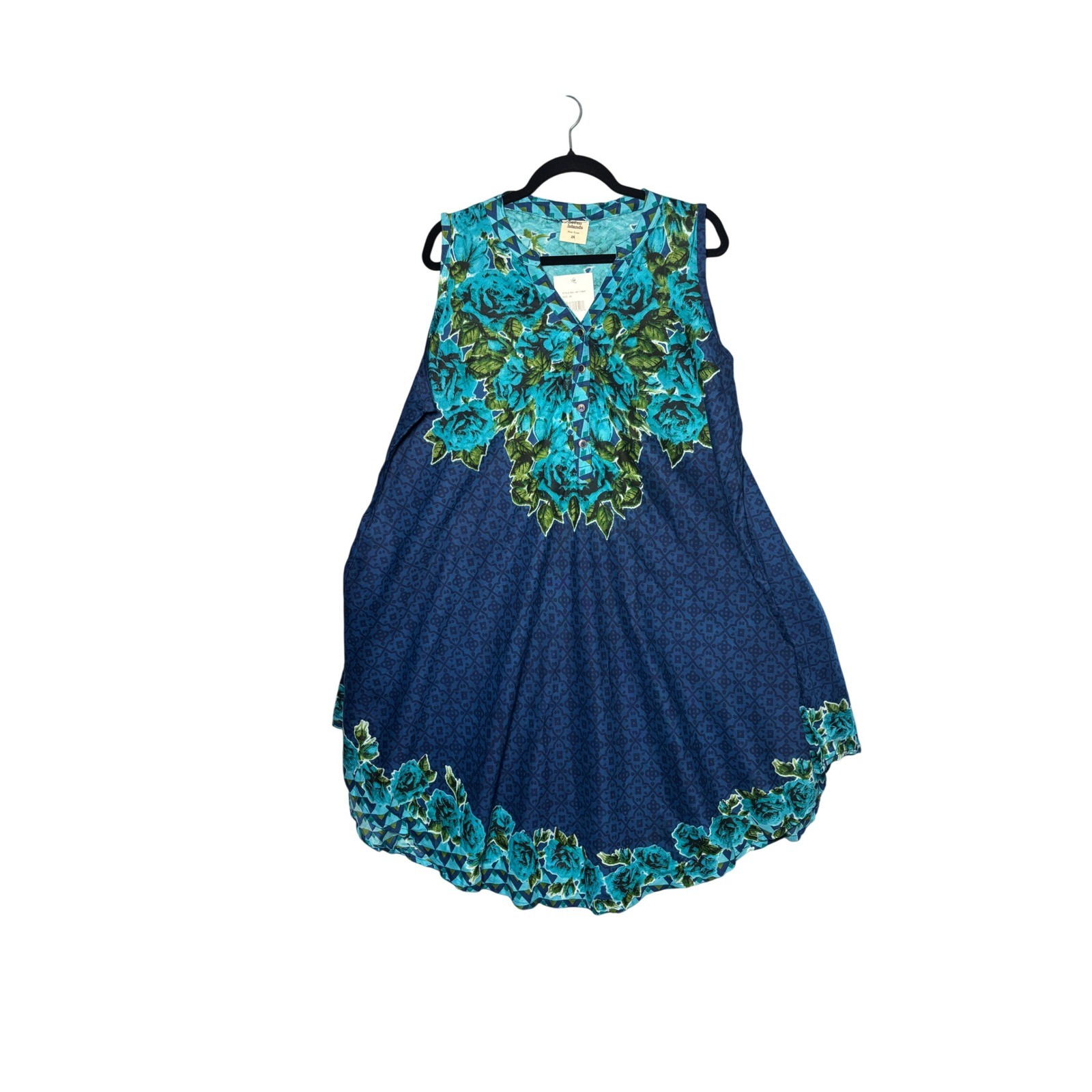 Seven Islands Women Dress 2X Blue Teal Floral Rayon Handkerchief Hem Boho Resort