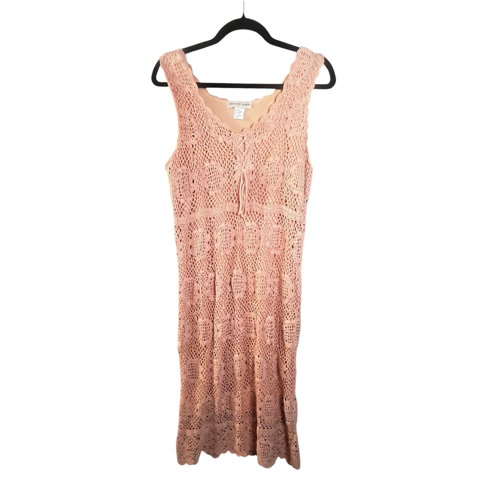 Newport News Vtg Dress Womens M Pink Mid iY2K Crochet Tank Lined Boho Floral