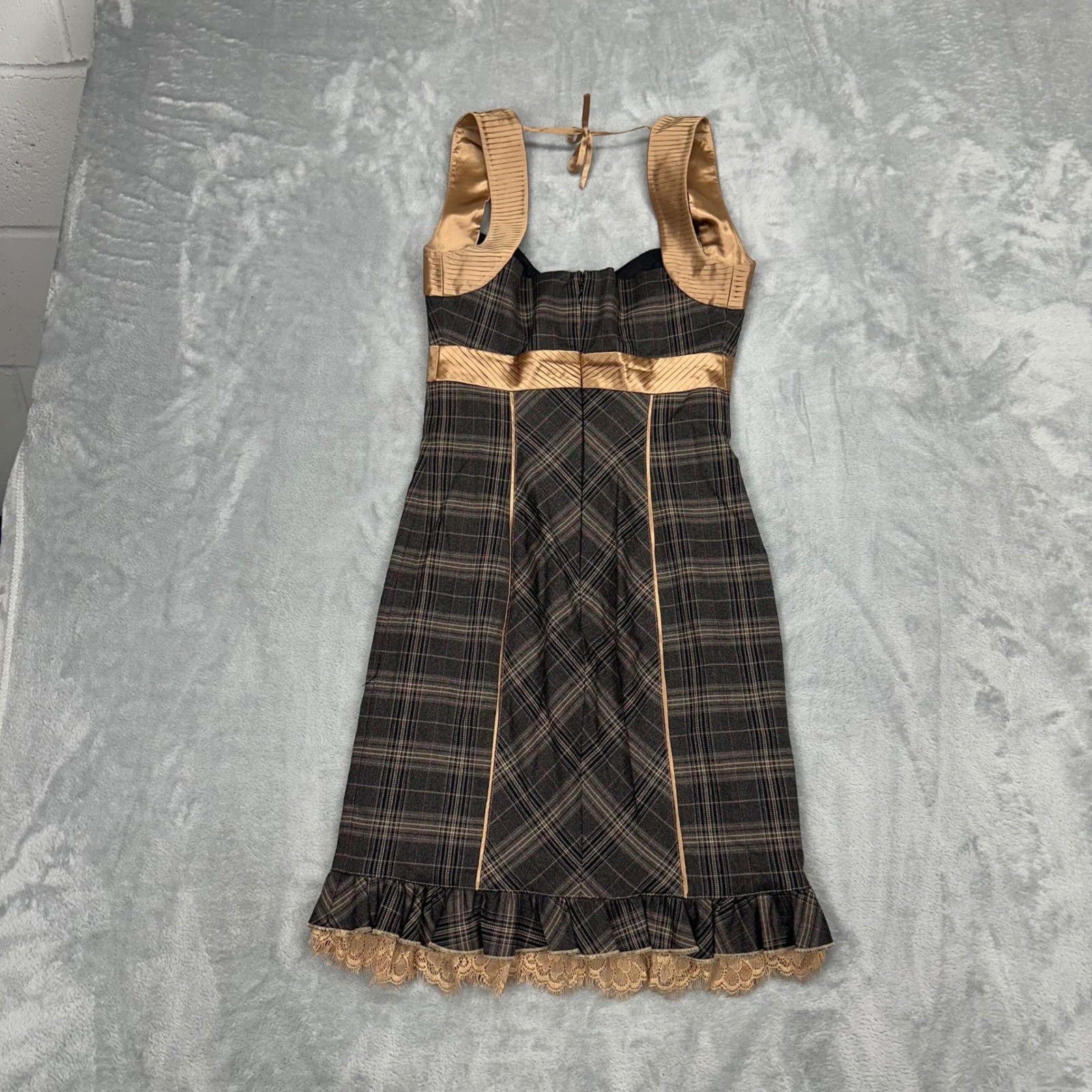 Y2K Bebe Plaid Halter Mini Dress Brown Tan Satin Trim Lace Ruffle Size 0