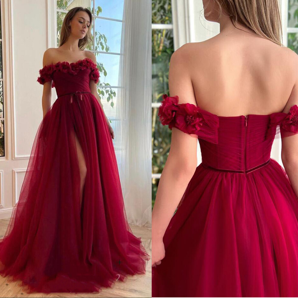 Red Evening Dress 3D Floral Side Slit A-line Shoulder Sweeping Train Ball Gown