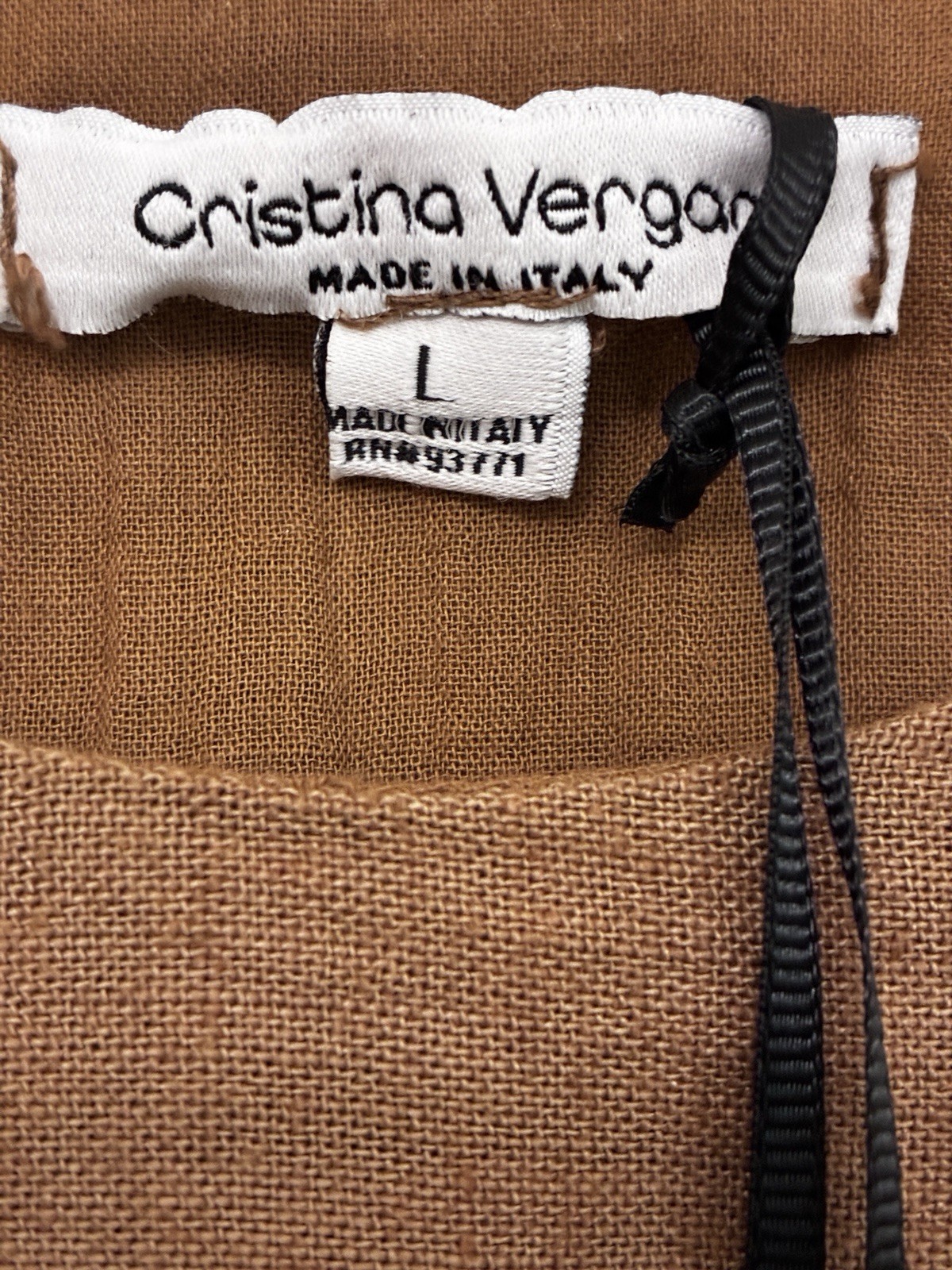 Cristina Vergano Brown Linen Blend Slip Dress L Scoop Neck Knee Pom-Pom
