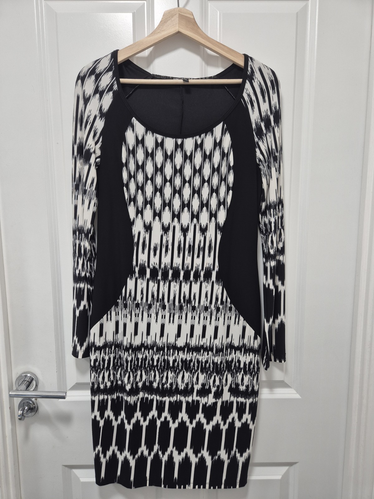 Picadilly Black White Geometric Bodycon Dress UK 8 10 Long Sleeve Stretch