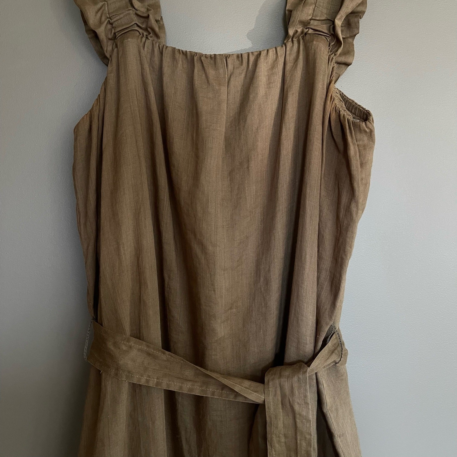 Frame Ruffle Strap Button Back Dress in Moss Size Small Khaki Green Ramie Chic