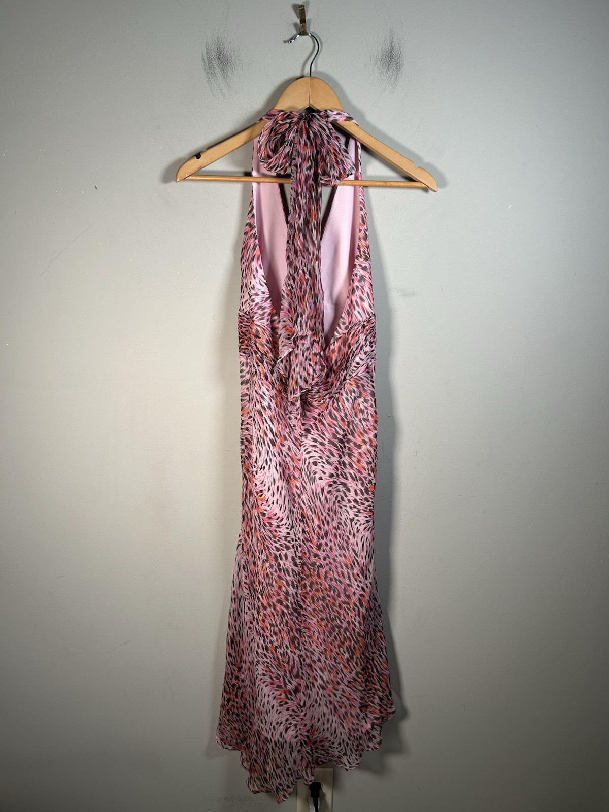 Y2K BCBGeneration Silk Leopard Midi Halter Dress Asymmetrical Hem Women’s Sz 2