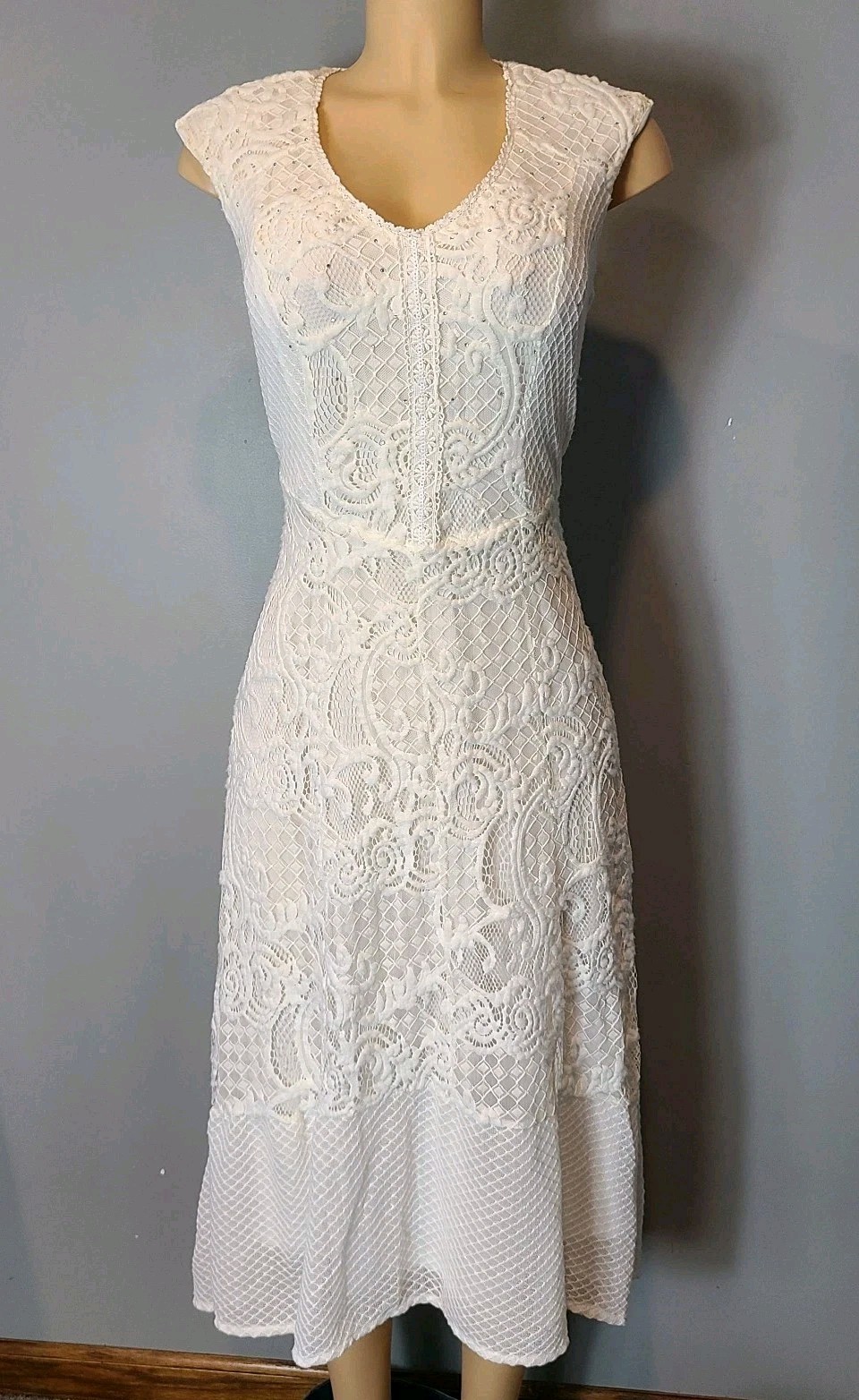 Reba Lace Crochet Dress Women Medium Western Boho Basque Waist Sequin Ren Faire