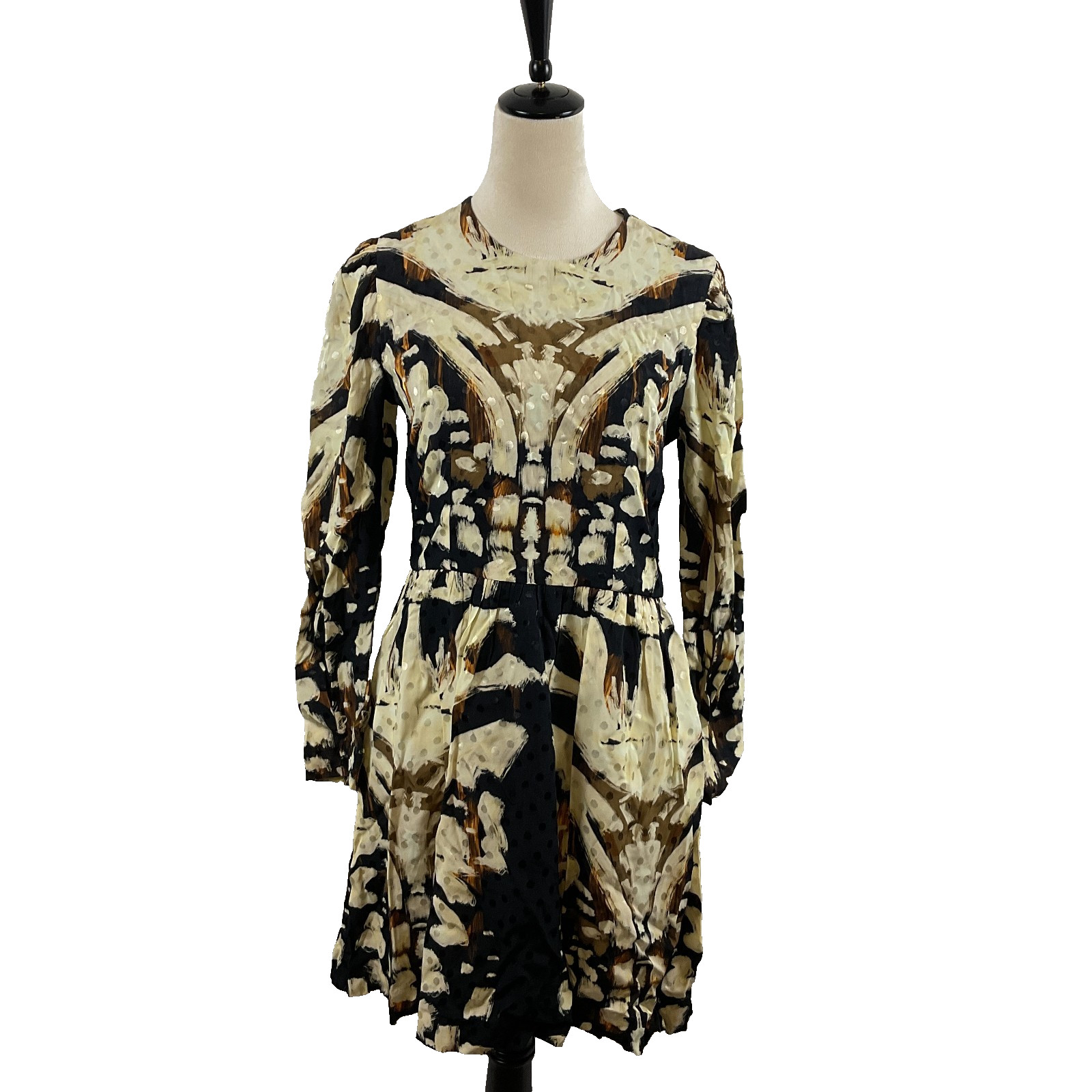 Atelier 1756 Colombia Dress M Cream Black Brown Graphic Polka Dot Long Sleeve