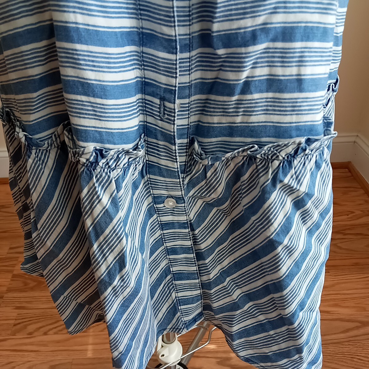 Sharagona Womens sleeveless Button Up shirt dress sz S work Striped Blue White