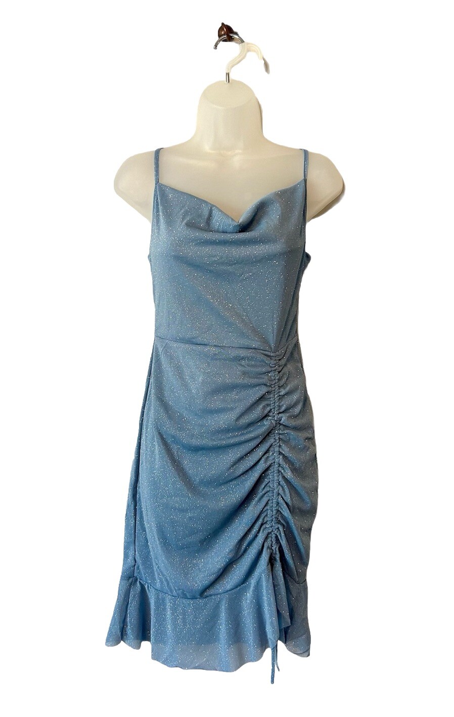 NEW! Dress Light Blue Shimmer Sparkle Ruched Cowl Neck Spaghetti Strap MEDIUM