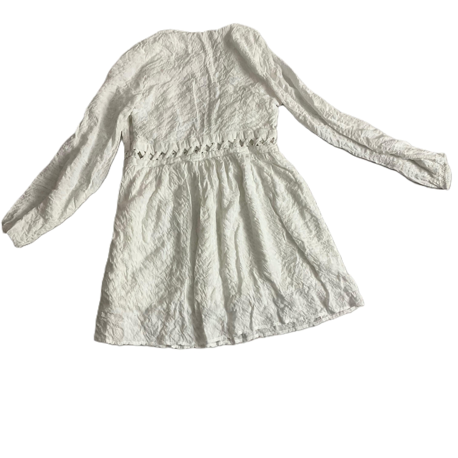 Peach Love White Crinkle Material Long Sleeve Short Dress V Neck Cutout Medium