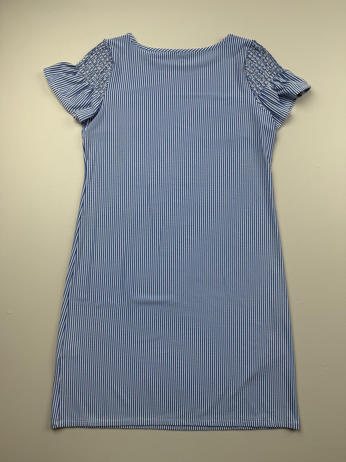 Talbots Dress Womens M Petite Blue Stripe Short Flutter Sleeve Shift Knee Length