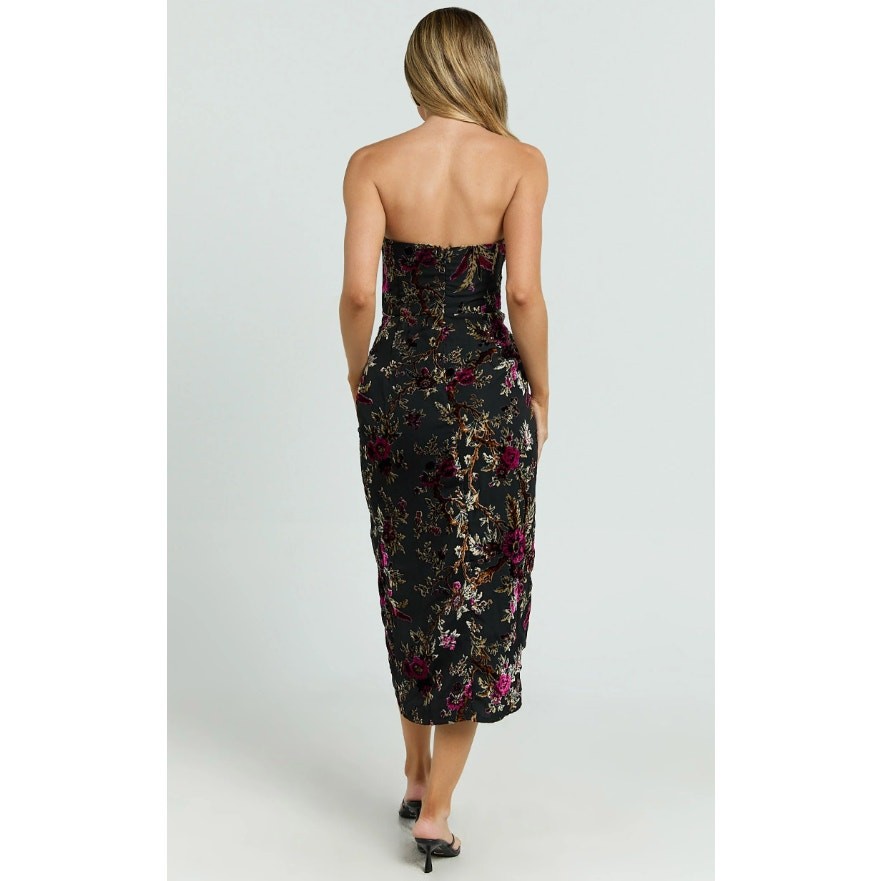 Showpo Jessel High Split Strapless Midi Dress Black Floral Size 2