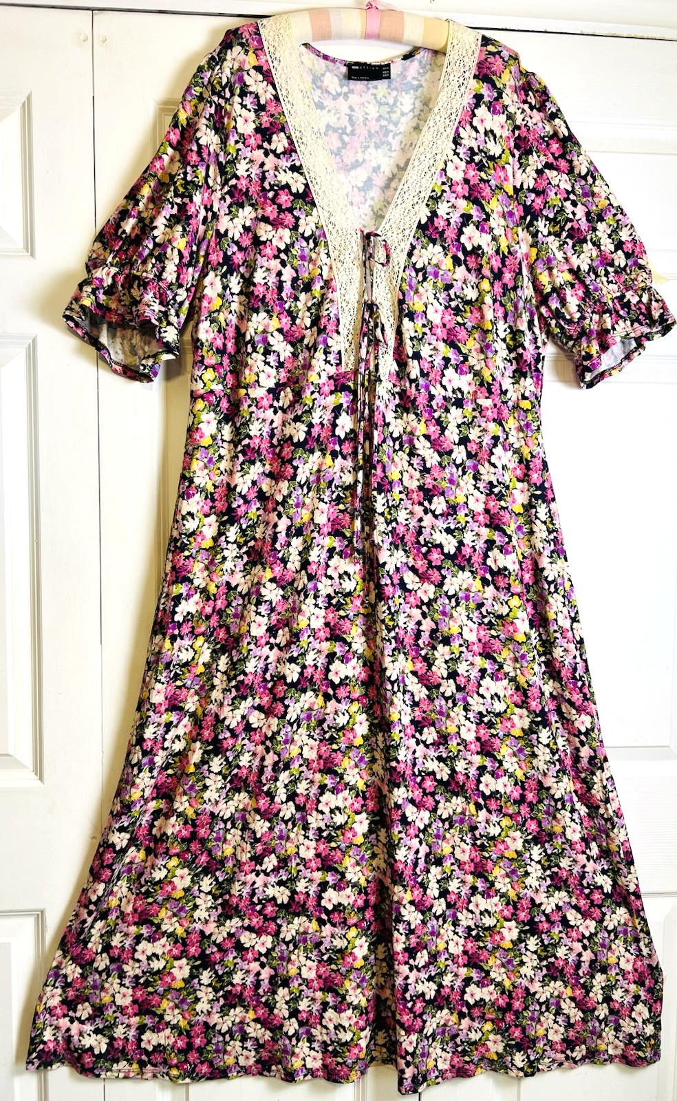 ASOS Curve Floral Long Maxi Dress Crochet Tie Bodice Sz 22 Plus Lounge Resort 2X