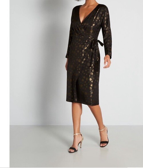 New Modcloth Golden Record Party Wrap Dress Womens Size small belted black gold