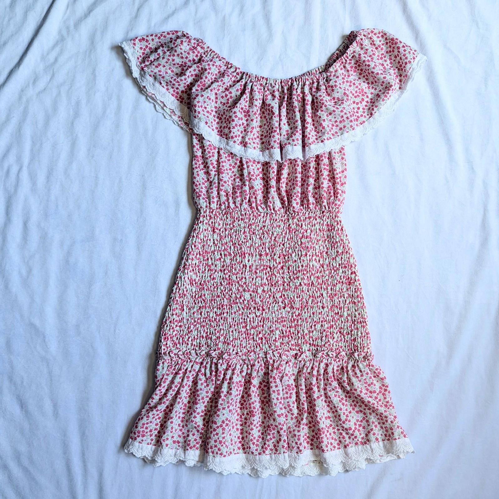 Womens Stellah S Smoked Mini Dress Cottegecore Off Shoulder Lace Trim Ruffles