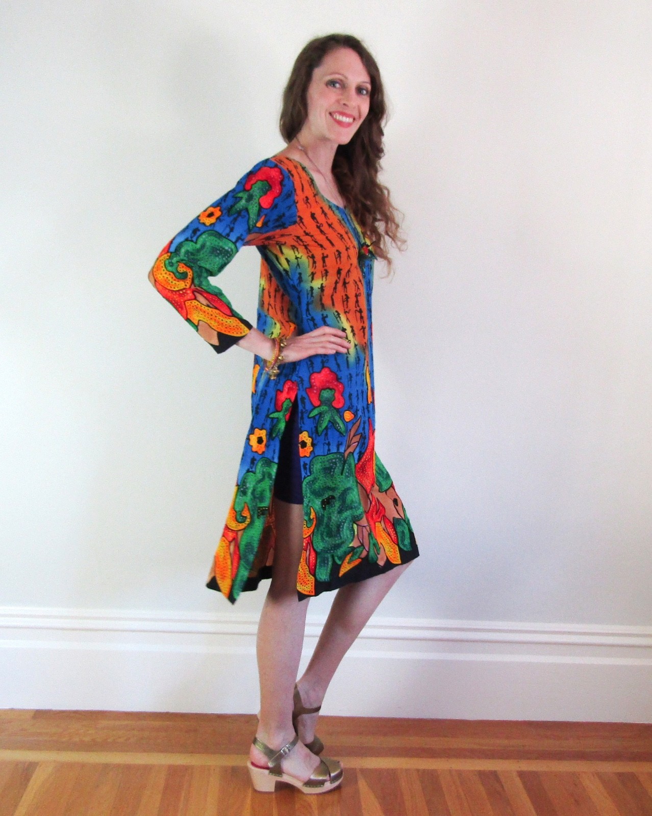 Vtg RAINBOW EMBROIDERED CAFTAN Egypt ethnic robe dress PSYCHEDELIC HIPPIE SARI M