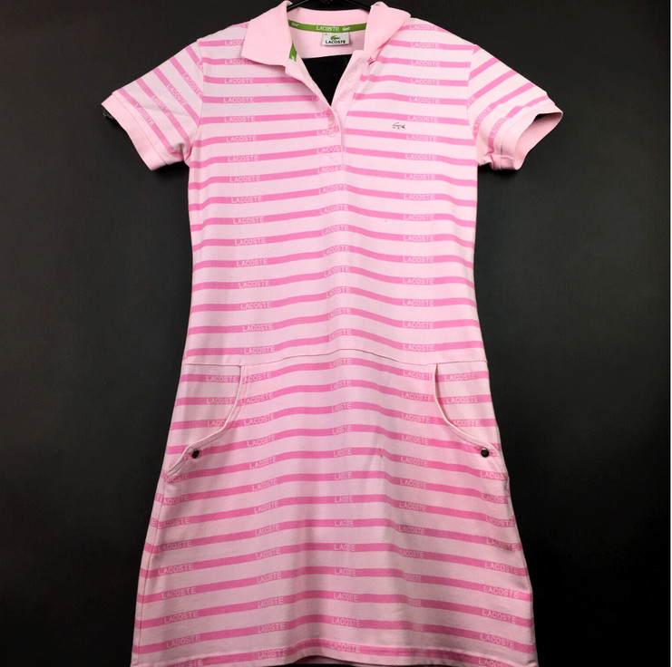 Lacoste Womens Sz 38 (32in Bust) Pink Striped Cotton Barbiecore Piqué Polo Dress