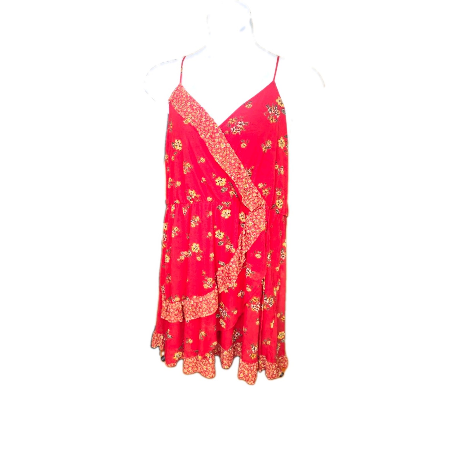 Xhilaration Red Orange Floral Faux Wrap Ruffle Womens Sundress XXL Sleeveless