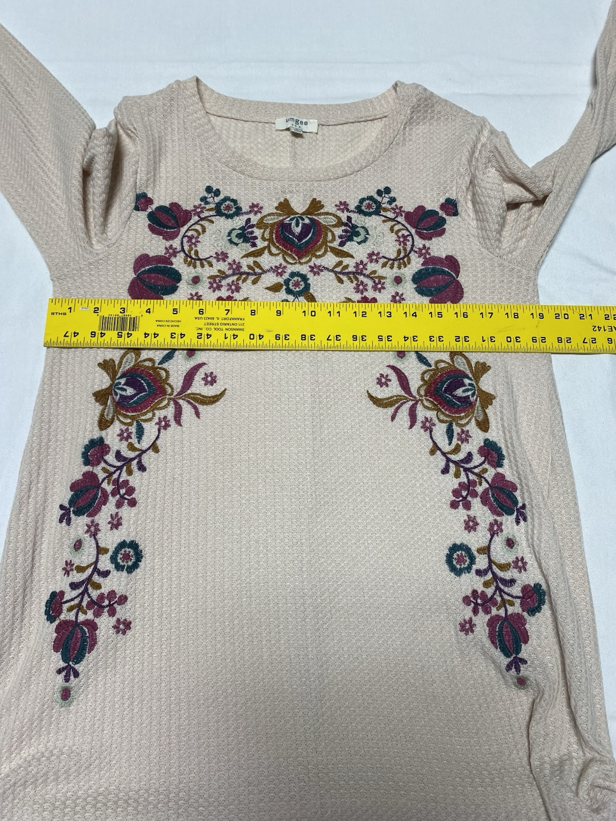 Umgee Waffle Knit Floral Embroidered Long Sleeve Dress Cream Small (p)