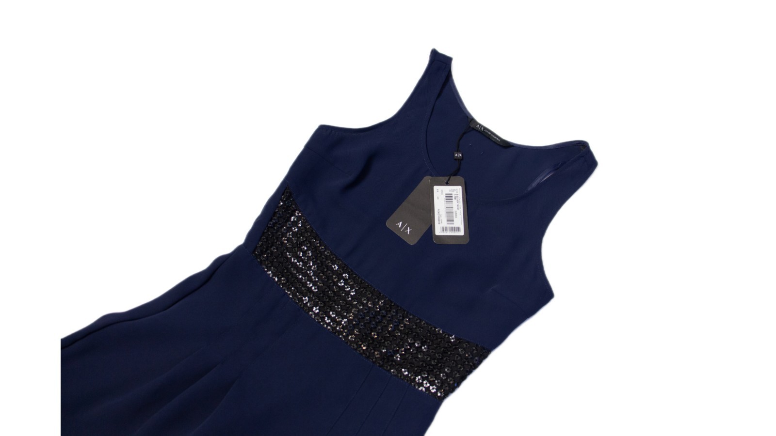 Armani Exchange NWT Navy Blue Cocktail Dress Size 0 Black Sequin Waist Sleeveles