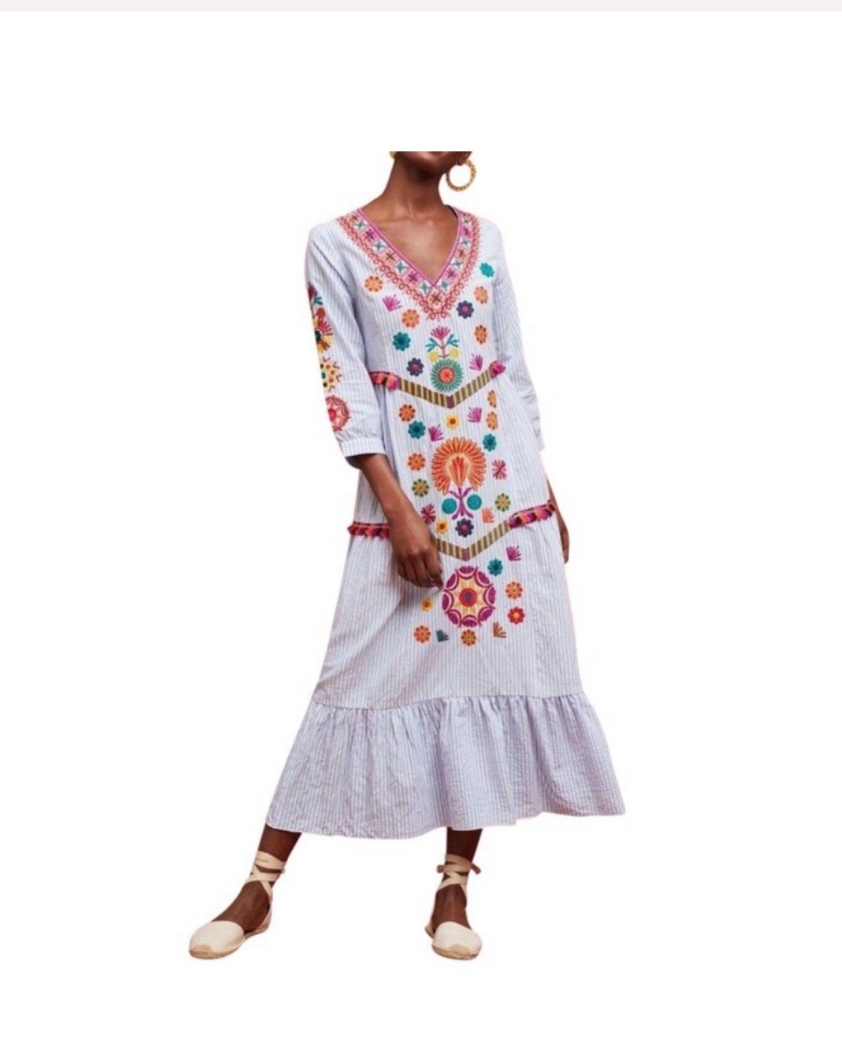 Stellah Maxi Dress Embroidered Striped Floral Blue Multicolor M Tasseled