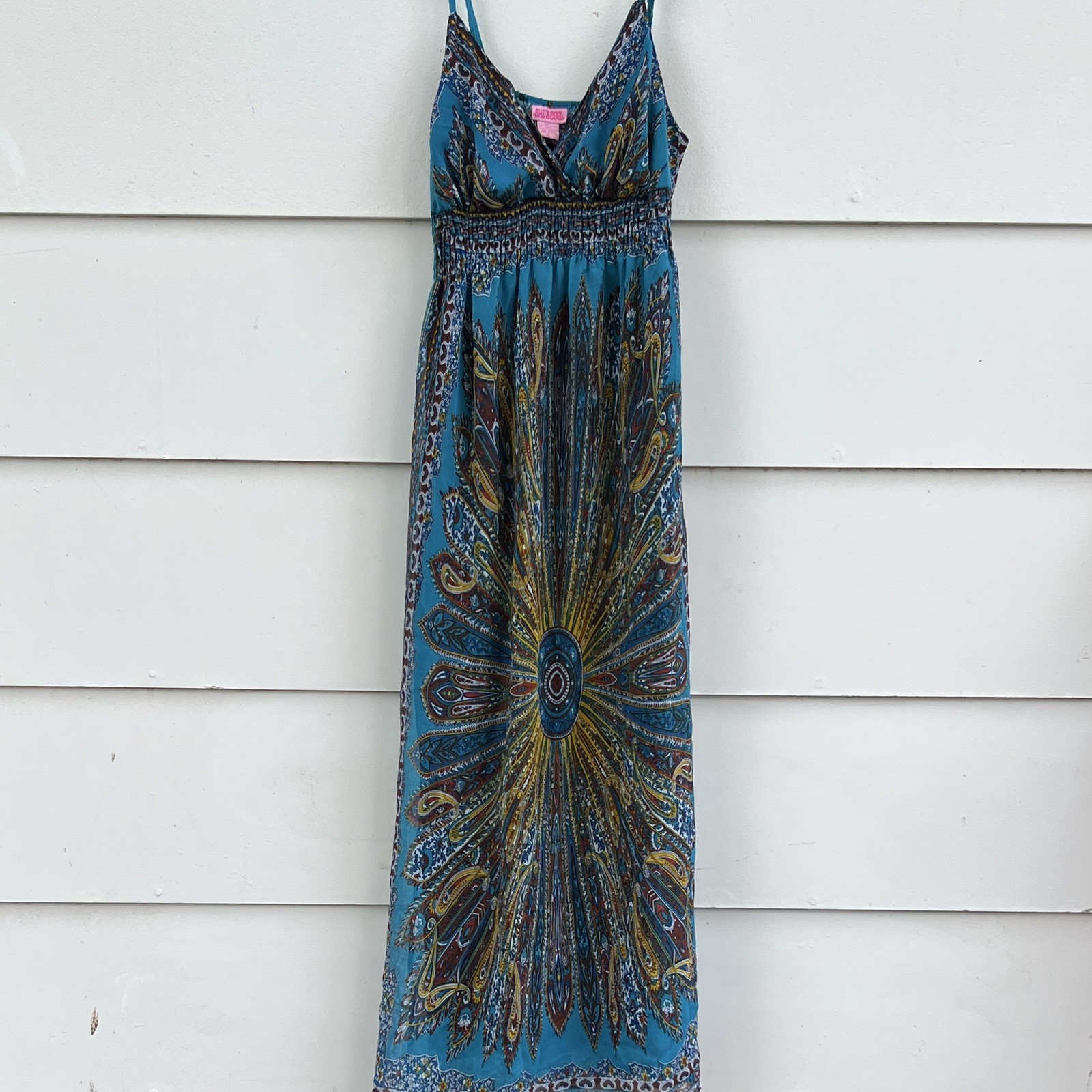SHE’S COOL BLUE MULTICOLOR PAISLEY MAXI DRESS V-NECK SMOCKED LINED XL