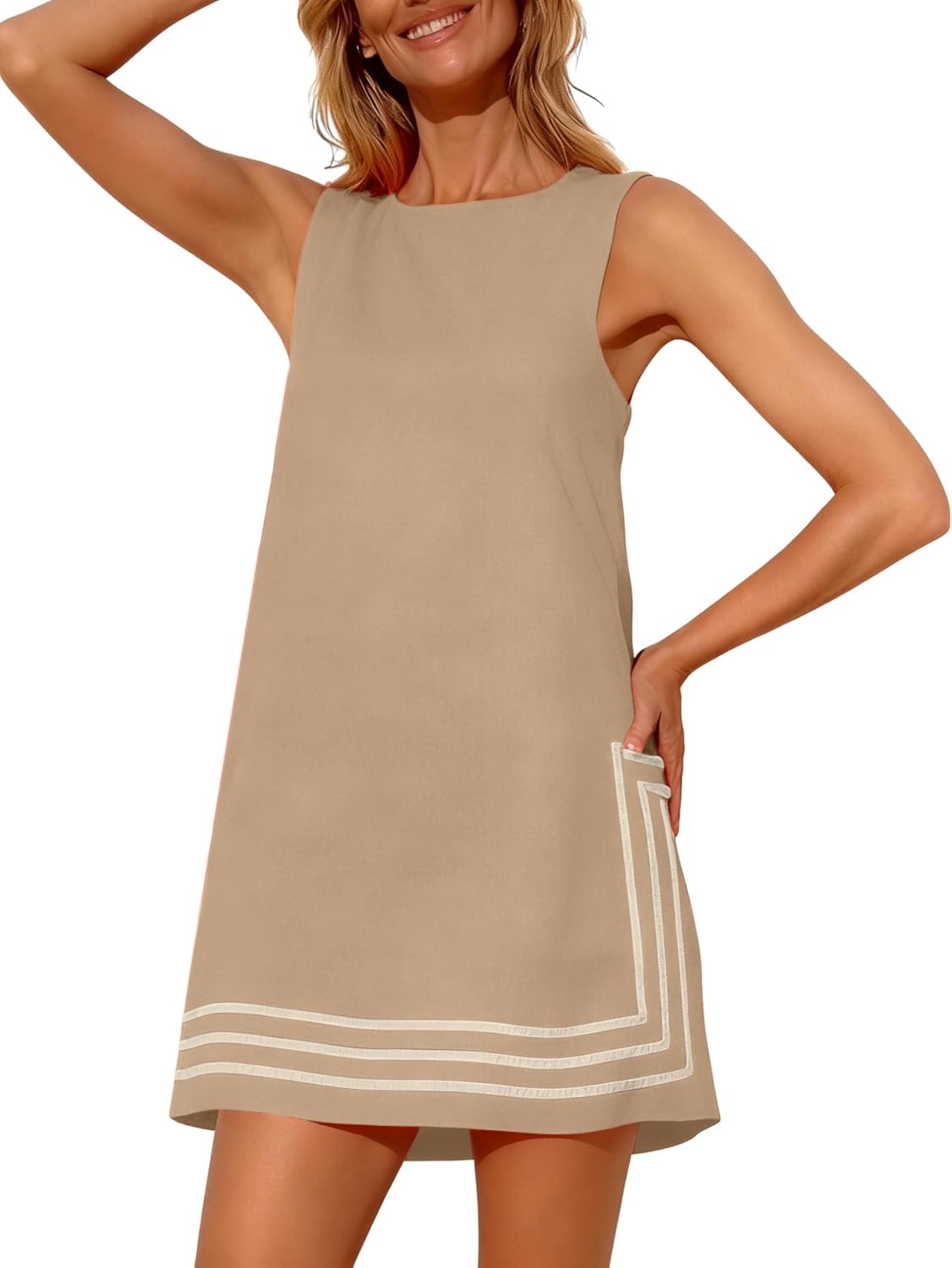 Womens Summer Boho A-Line Mini Dress Sleeveless Sundress Color Block Beach Cover