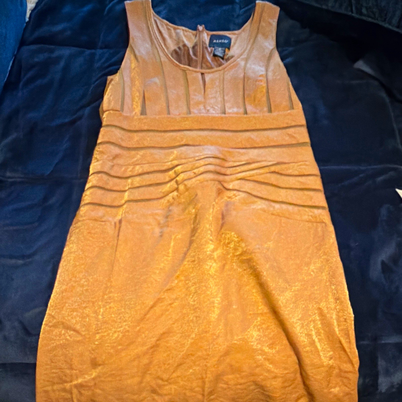 ASHRO Sheath Dress 10 Gold Pleated Scoop Neck Zip Lined Knee Party Formal