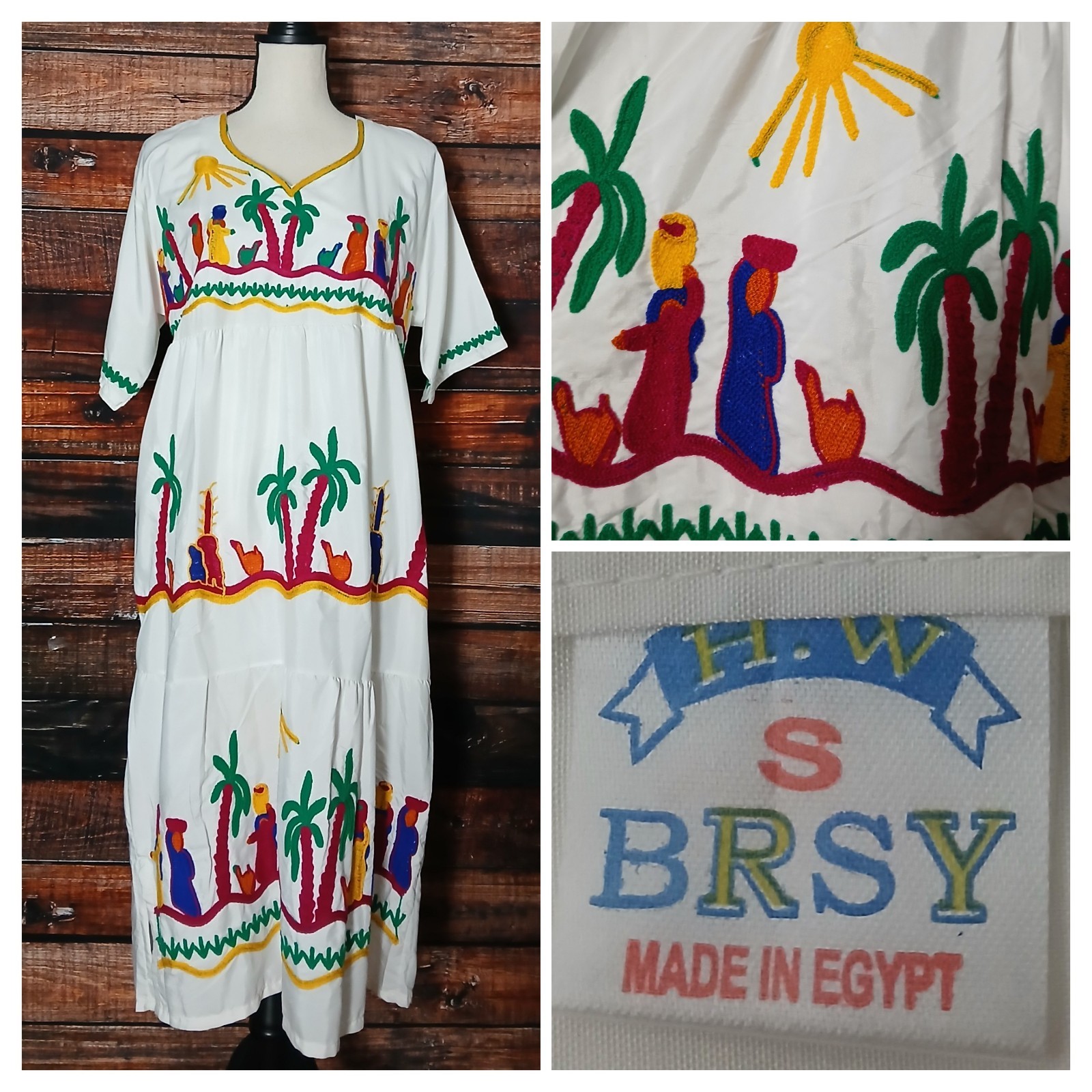 BRSY Midi Dress S Vintage Egyptian Tunic Embroidered Peasant Boho Short Sleeve
