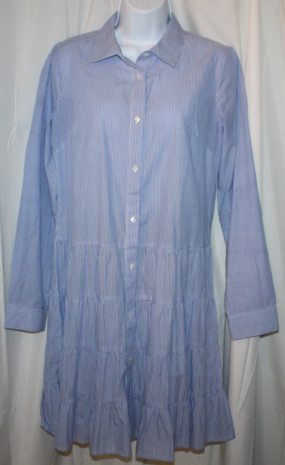 Sweet Magnolia® Blue Pin Stripe Long Sleeve Ruffle Shirt Dress Flare – Size M