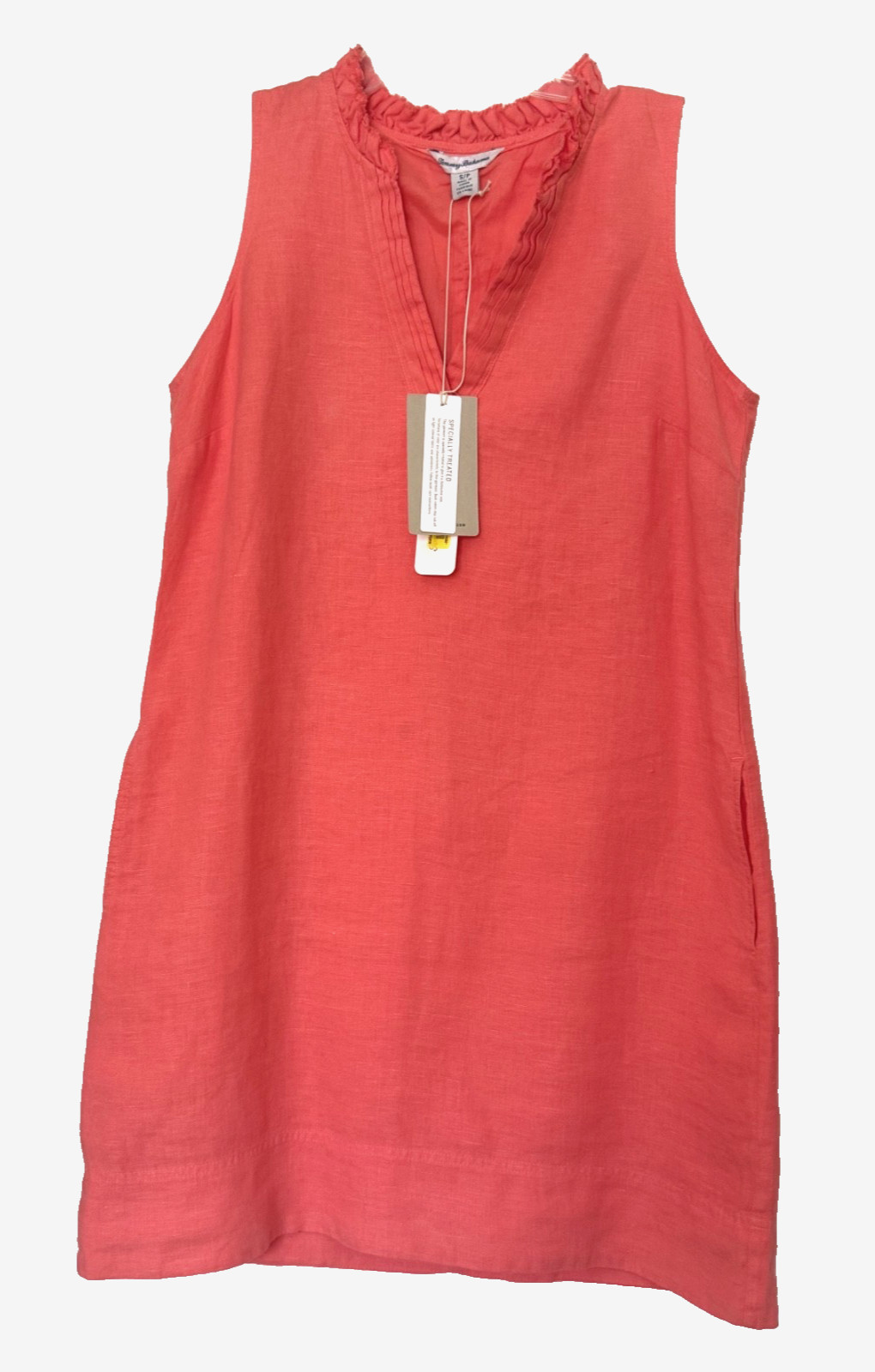 NWT TOMMY BAHAMA TWO PALMS DOUBLE-RUFFLE LINEN DRESS MELON BERRY S (4,6)